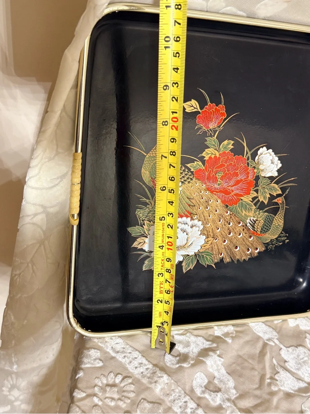 Vintage Peacock Peony Serving Tray Set Black Lacquer Style Gold Trim Asian MCM